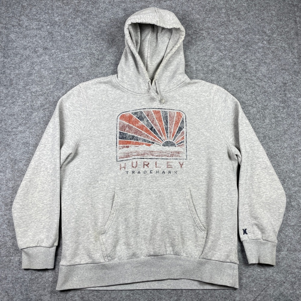 Hurley Hoodie Mens XL Grey Trademark Sunburst Fleece Pullover Sweatshirt
